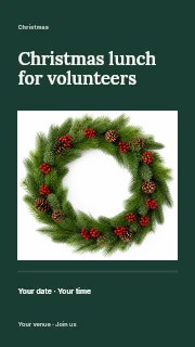 Christmas wreath with pinecones and berries in Christmas lunch for volunteers instagram story · Title & photograph