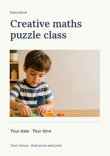 young boy assembling colorful number puzzle in Creative maths puzzle class flyer · Title & photograph