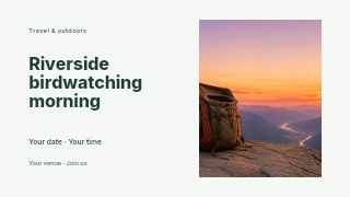Riverside birdwatching morning presentation cover template · Horizontal photo dialogue