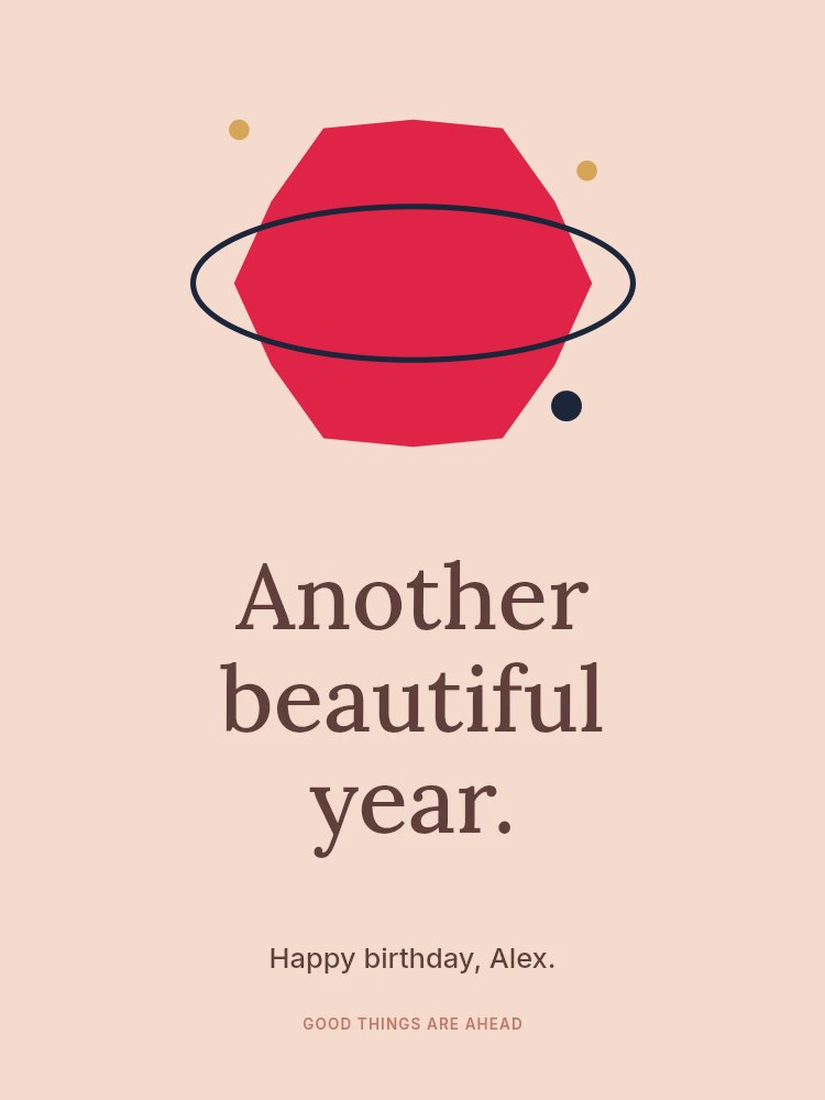 6-point inverted sparkle · orbit composition in Another beautiful year · Birthday card