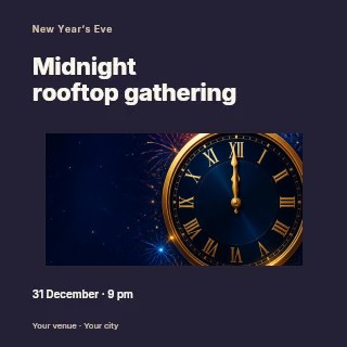 Clock striking midnight with fireworks in Midnight rooftop gathering · Modern programme