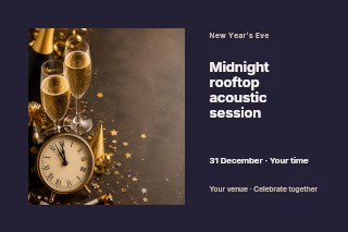 Midnight rooftop acoustic session postcard template · Horizontal photo dialogue