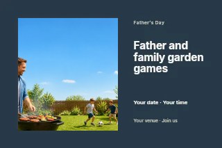 Father grilling while children play soccer in Father and family garden games postcard · Horizontal photo dialogue