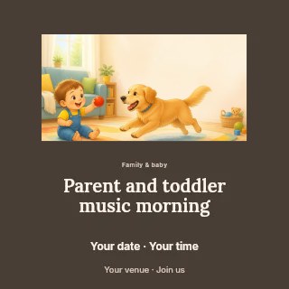 Toddler playing with dog indoors in Parent and toddler music morning social media post · Picture window