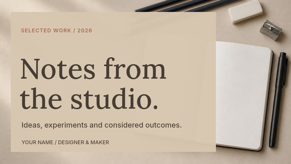 Open notebook with drawing pencils and stationery in Notes from the studio · Portfolio presentation cover