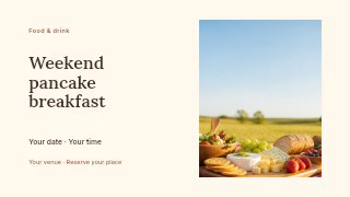 Weekend pancake breakfast presentation cover template · Horizontal photo dialogue