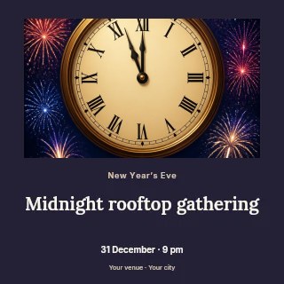 Vintage clock showing midnight with fireworks in Midnight rooftop gathering · Quiet photo gallery