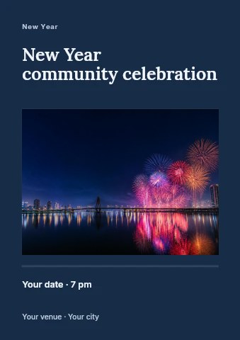 Nighttime fireworks over city bridge in New Year community celebration flyer template