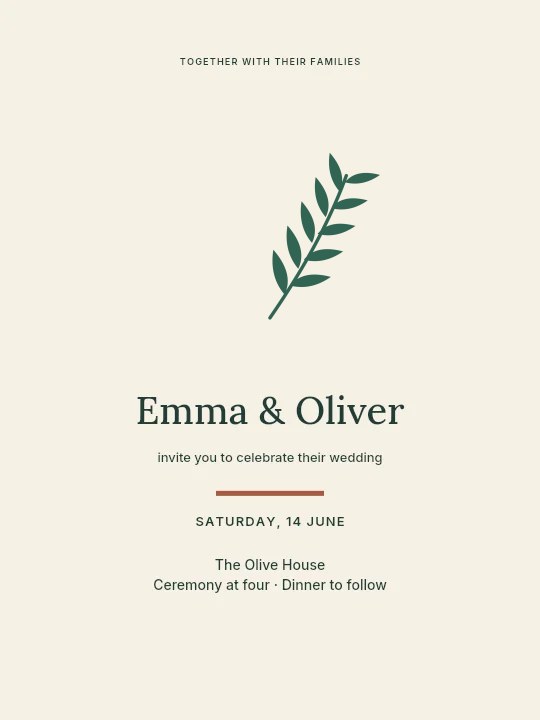 Willow foliage · arching arrangement with 5 leaf pairs in Olive garden · Wedding invitation