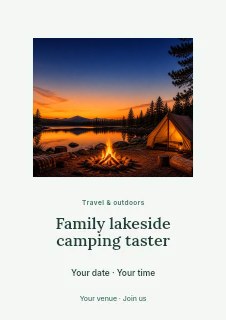Campfire by the Lakeside Tent at Sunset in Family lakeside camping taster flyer · Picture window