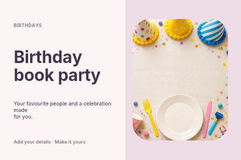 Colorful birthday party decorations flatlay in Birthday book party postcard template