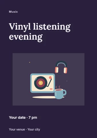 Vinyl listening corner with headphones and warm tea in Vinyl listening evening flyer template