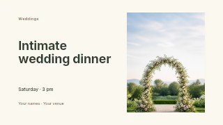 Intimate wedding dinner presentation cover template · Horizontal photo dialogue