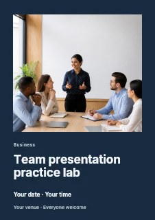 Woman presenting ideas in business meeting in Team presentation practice lab flyer · Gallery editorial
