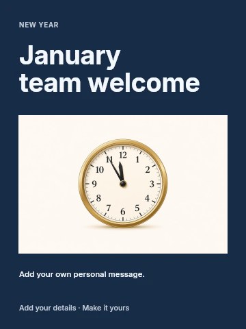 Classic wall clock showing eleven fifty-five in January team welcome greeting card template