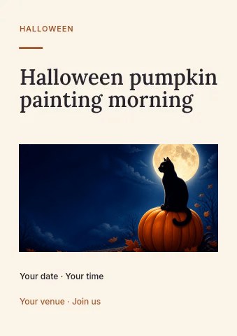 black cat sitting on pumpkin under full moon in Halloween pumpkin painting morning flyer · Picture window