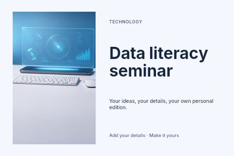 Futuristic workspace with holographic display in Data literacy seminar postcard template