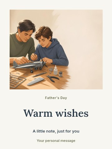 Father and son building model airplane in Father’s Day craft workshop greeting card template