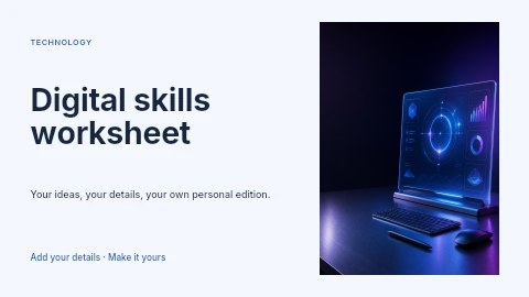 Futuristic transparent display with keyboard and pen in Digital skills worksheet youtube thumbnail template