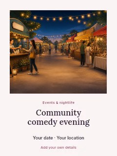 Evening outdoor market with string lights in Community comedy evening · Quiet photo gallery
