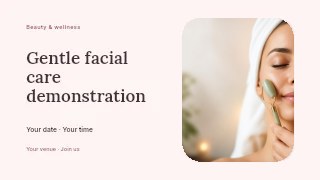 Gentle facial care demonstration presentation cover template · Horizontal photo dialogue