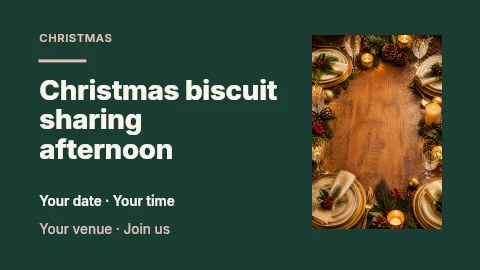 Festive holiday dining table setting in Christmas biscuit sharing afternoon presentation cover · Horizontal photo dialogue