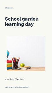 Books globe and school supplies on desk in School garden learning day instagram story · Modern programme