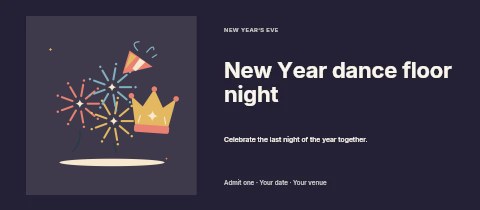 Firework party with a festive crown and horn in New Year dance floor night event ticket template