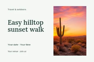 Saguaro cactus at desert sunset in Easy hilltop sunset walk postcard · Horizontal photo dialogue