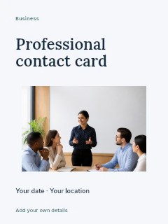Woman presenting ideas in business meeting in Professional contact card · Modern programme