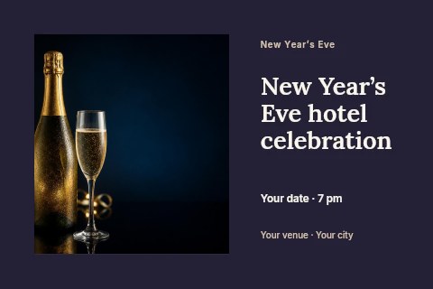Chilled champagne bottle and two glasses in New Year’s Eve hotel celebration postcard template