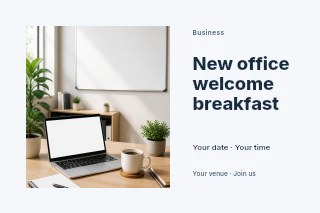 Minimalist home office workspace setup in New office welcome breakfast postcard · Horizontal photo dialogue