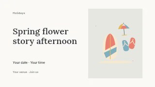 Beach afternoon with surfboard and flip flops in Spring flower story afternoon youtube thumbnail · Horizontal photo dialogue