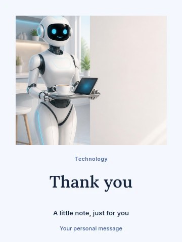 Friendly robot serving coffee on tray in Robotics exhibition greeting card template