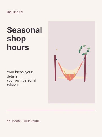 A quiet hammock and tropical leaves in Seasonal shop hours poster template