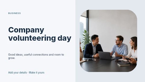 Diverse team discussing work in office in Company volunteering day presentation cover template
