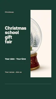 Christmas snow globe with decorated tree in Christmas school gift fair instagram story · Split portrait