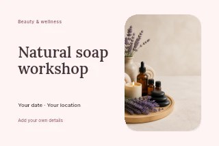 Relaxing spa setup with lavender and stones in Natural soap workshop · Horizontal photo dialogue