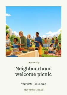 Neighbourhood welcome picnic flyer template · Quiet photo gallery