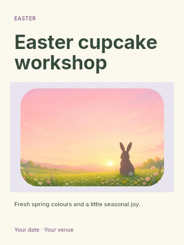 Rabbit watching sunset in flower meadow in Easter cupcake workshop invitation template