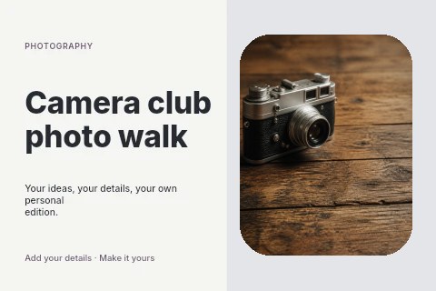 Vintage camera on rustic wooden table in Camera club photo walk postcard template
