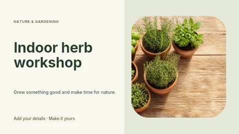 Fresh herb plants in terracotta pots in Indoor herb workshop youtube thumbnail template