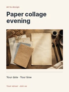 Vintage textured handmade papers with brushes in Paper collage evening poster · Title & photograph