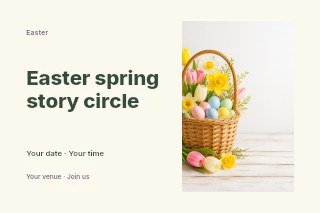 Easter basket with pastel eggs and spring flowers in Easter spring story circle postcard · Horizontal photo dialogue