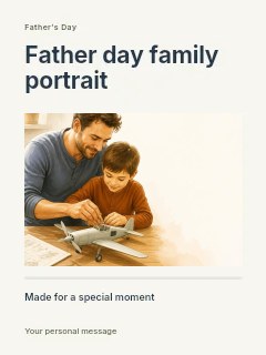 Father and son assembling model airplane in Father Day family portrait · Title & photograph