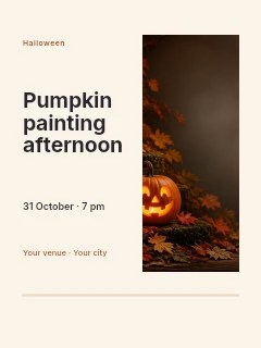 glowing halloween jack-o-lantern pumpkins in Pumpkin painting afternoon · Split portrait