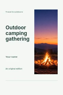 Campfire with chairs at mountain sunset in Outdoor camping gathering · Split portrait