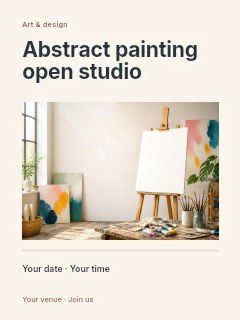 Bright artist studio with blank canvas in Abstract painting open studio poster · Title & photograph
