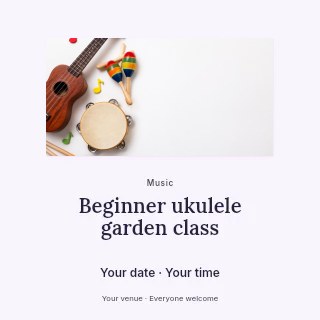 Colorful musical instruments on white background in Beginner ukulele garden class social media post · Picture window