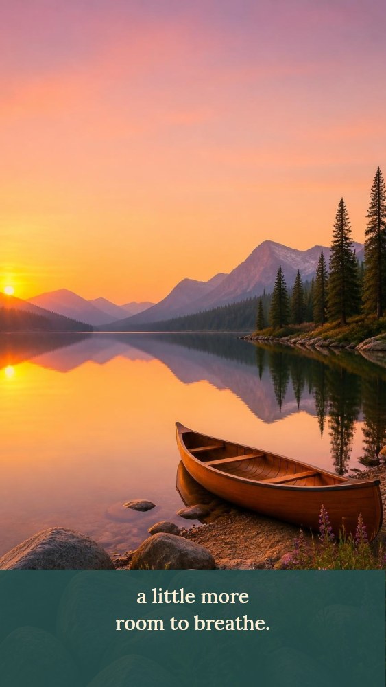 Sunset over peaceful mountain lake with canoe in A lake at dawn · Photo wallpaper
